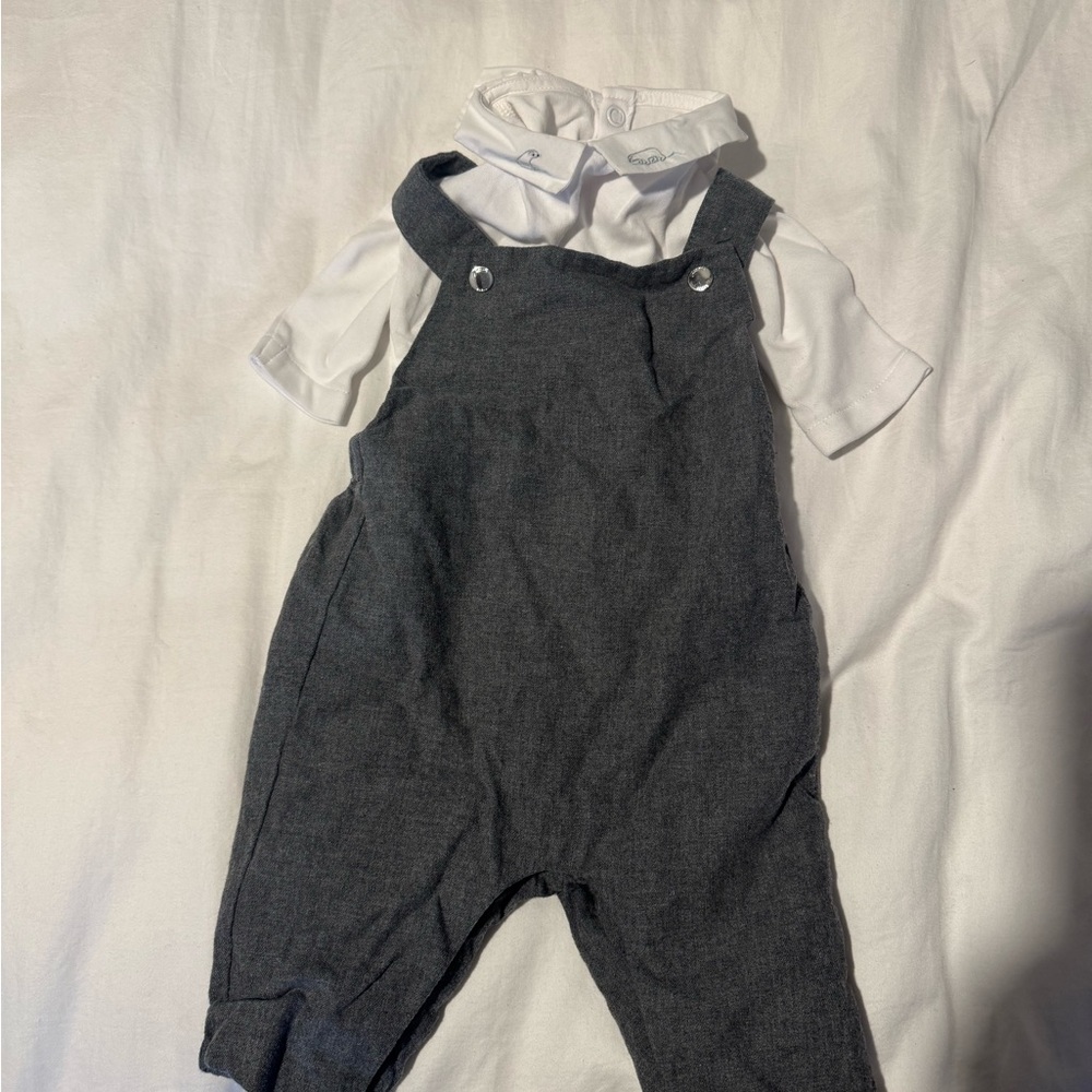 Jacadi Gray Knit Baby Overalls with White Bodysuit - Seal and Polar Bear Detail